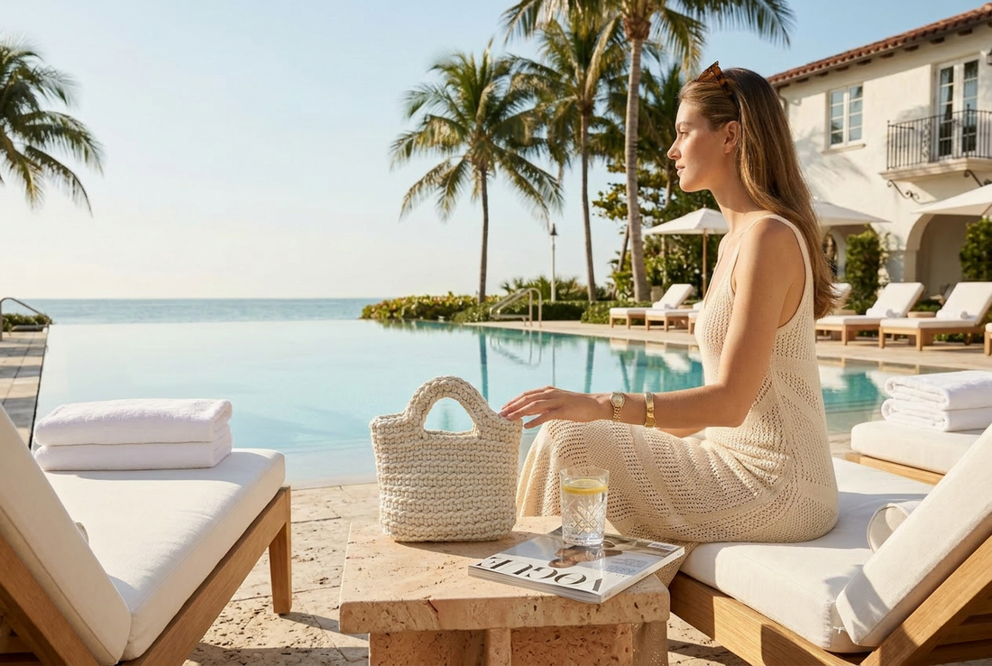 Woven bag poolside with female model, palm trees in the background.