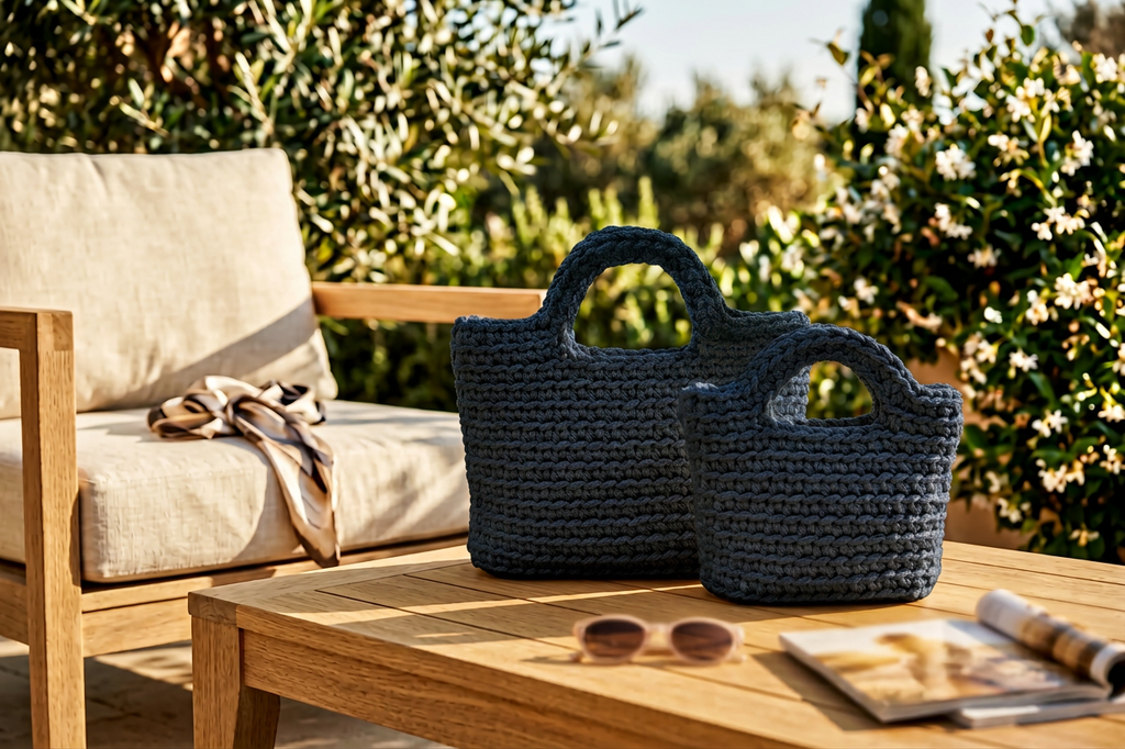 Woven navy blue bags on a wooden table with a beige cushioned chair and greenery in the background