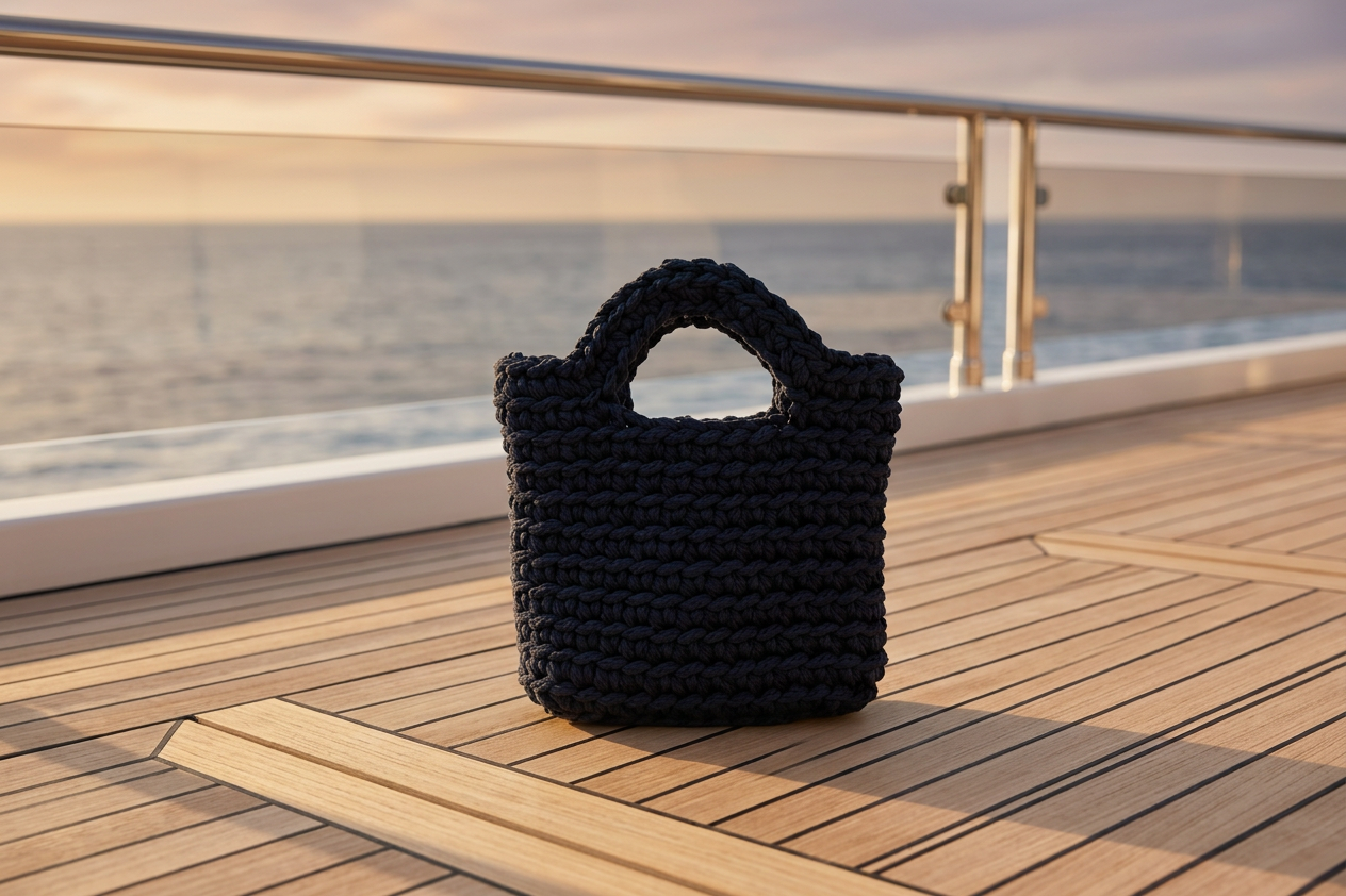 Dark navy woven bag on a boat deck, with water in the distance.