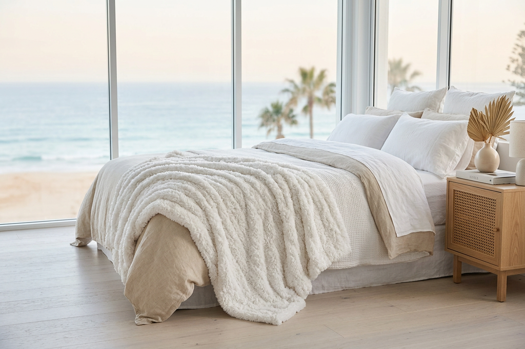 Beachside bedroom with a bed covered in a beige throw and pillows, large windows showing ocean view.