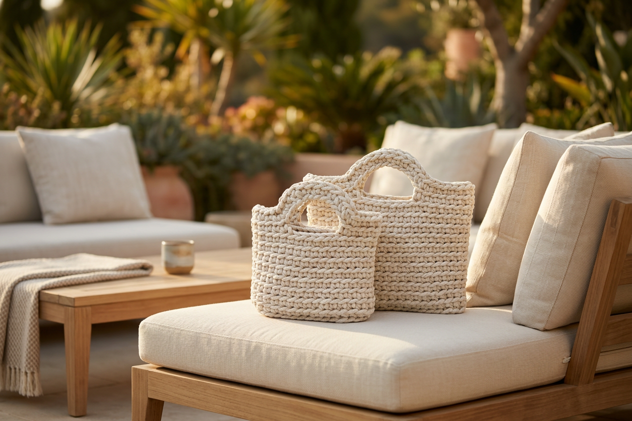 Outdoor patio setting with cushions, a coffee table, and woven bags.