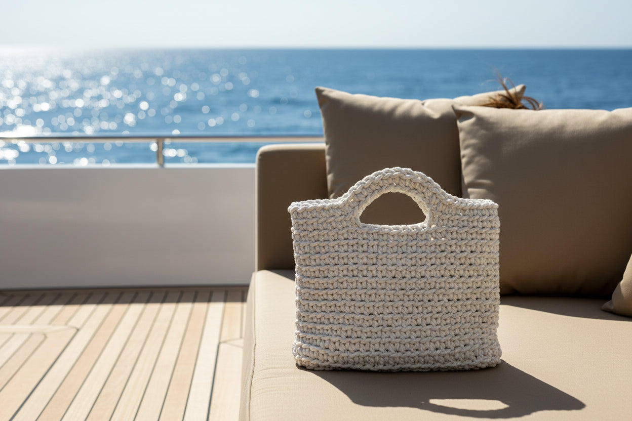 White woven bag with beige cushions on a boat.