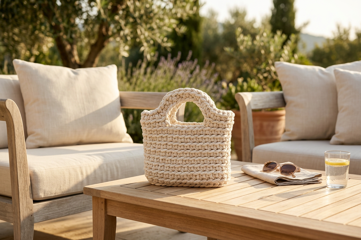 Woven bag on a wooden table with outdoor furniture and scenic background