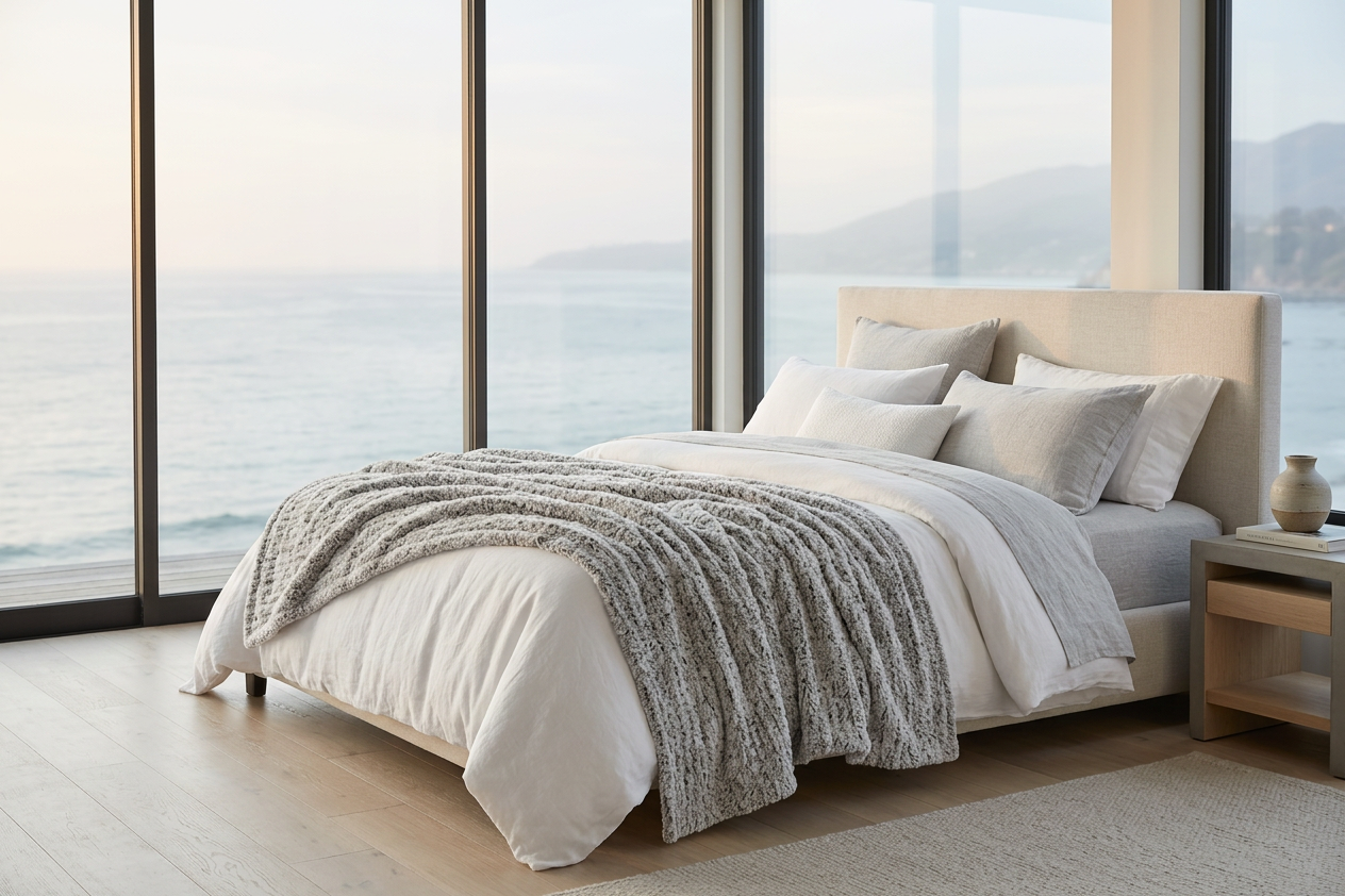 Bedroom with a large bed covered in gray throw and white bedding, facing large windows with a view of water.