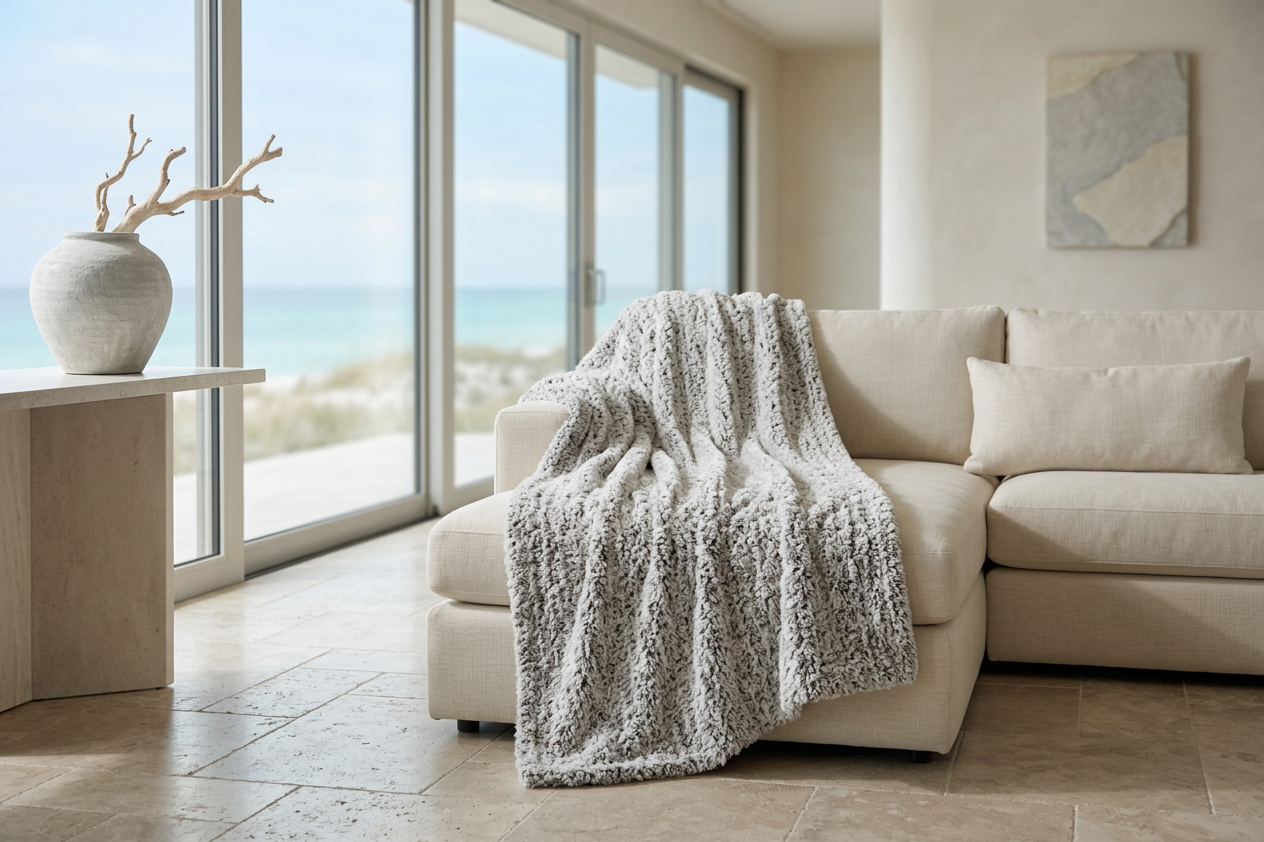 Beige sectional sofa with a textured gray throw blanket in a bright living room with large windows.