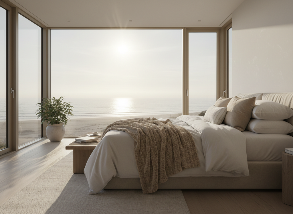 Modern bedroom with large windows, bed, and plant. Throw on bed.