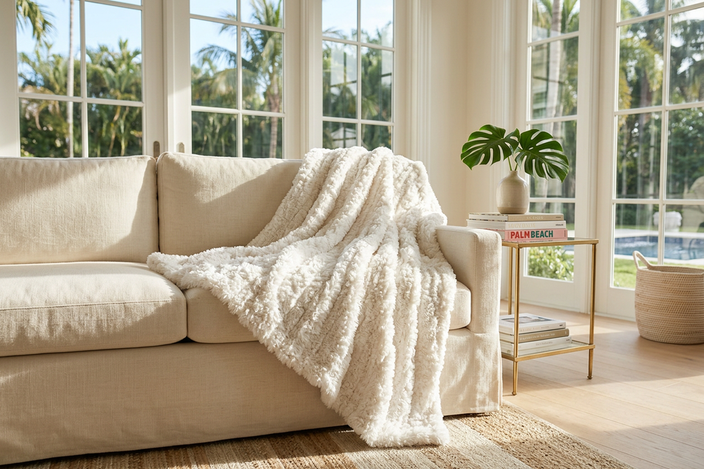 Beige sofa with a white blanket in a bright living room with large windows.