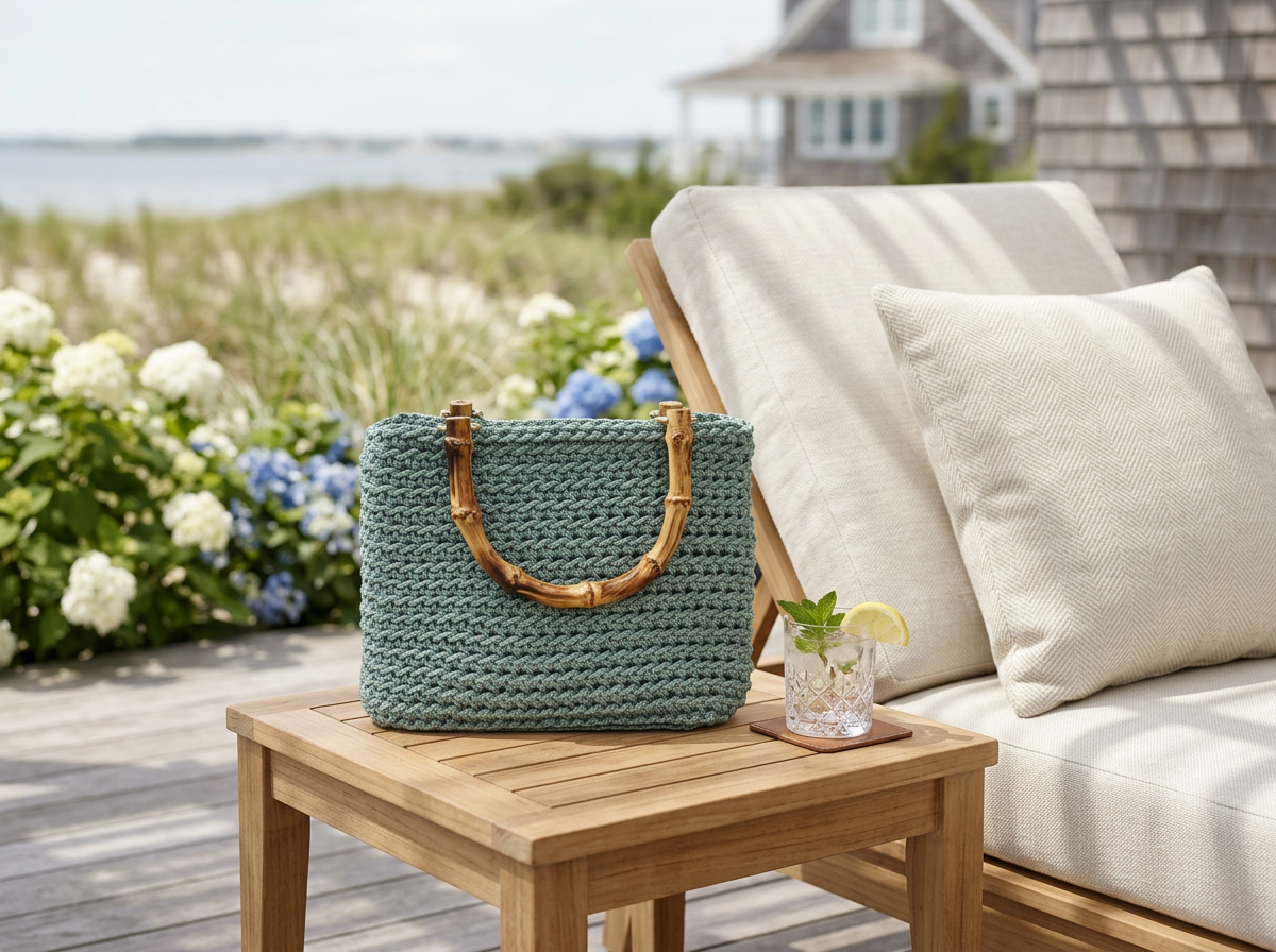 Green crochet bag on a wooden table with a scenic background
