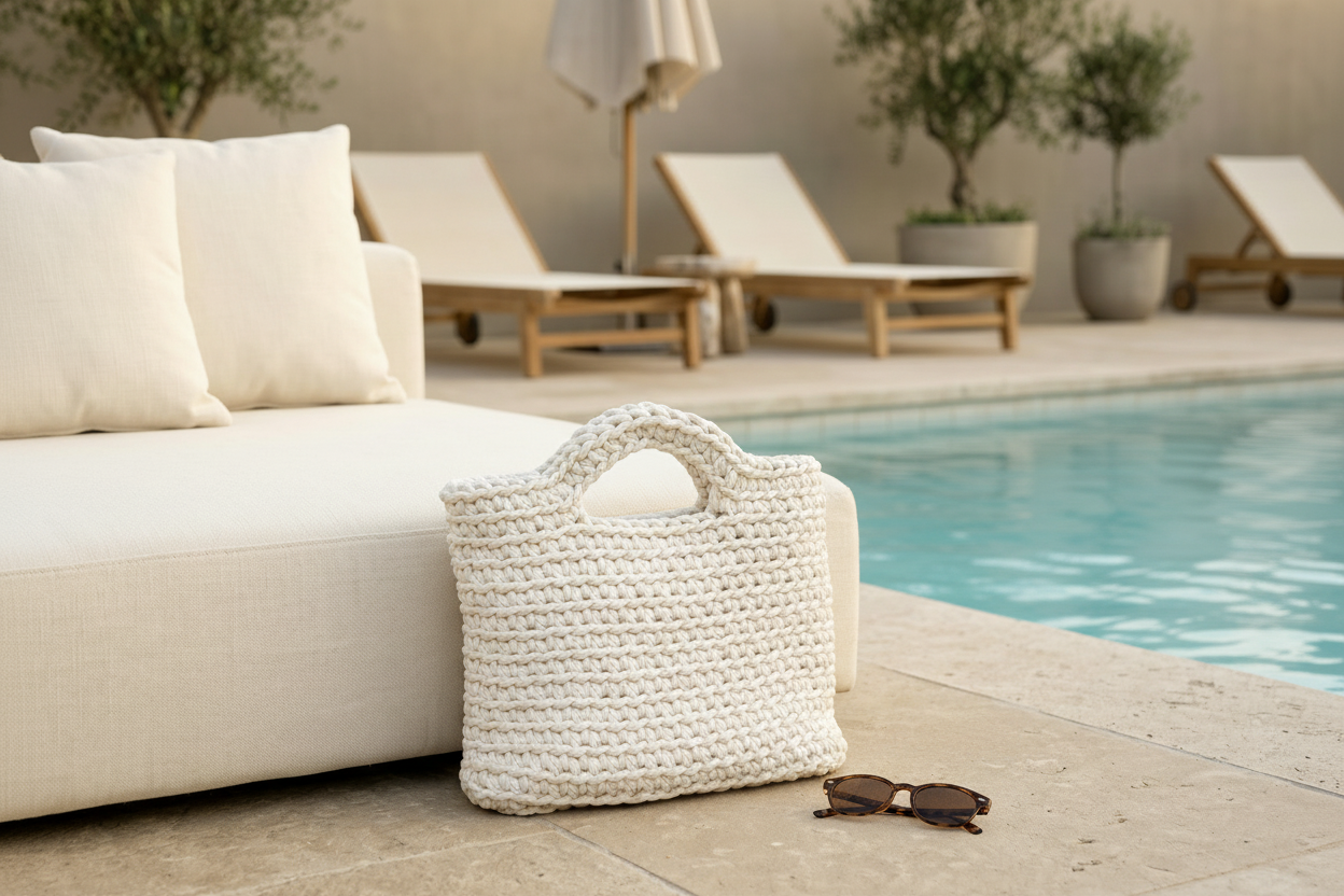 Woven Bag placed poolside during summer.