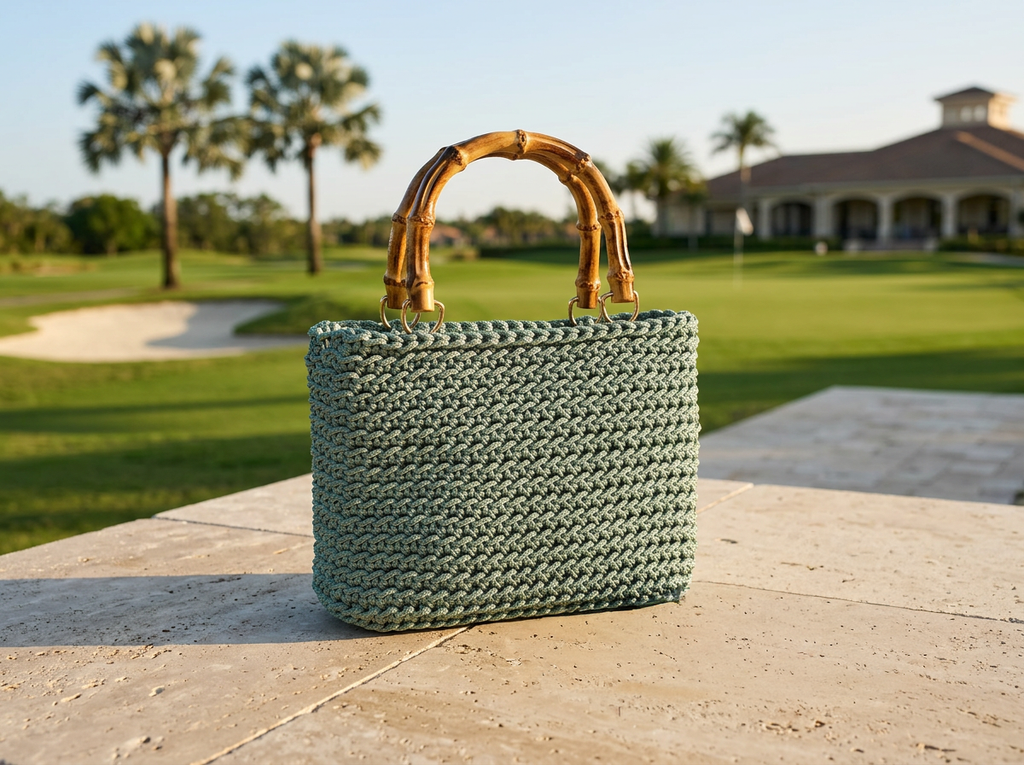 Green woven handbag with bamboo handles on a stone surface with a golf course background